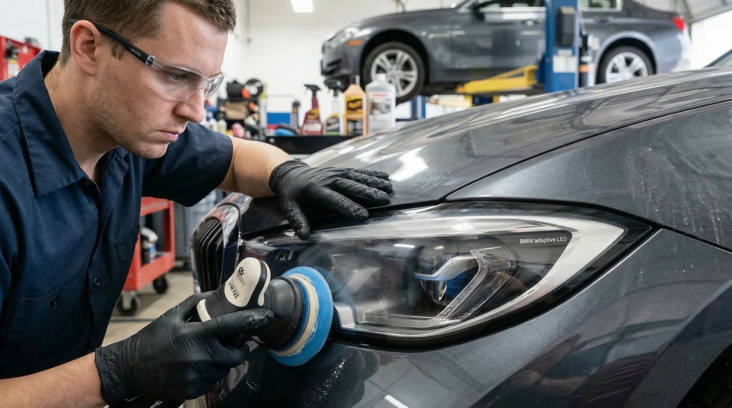 Mechanic polishing a car headlight.