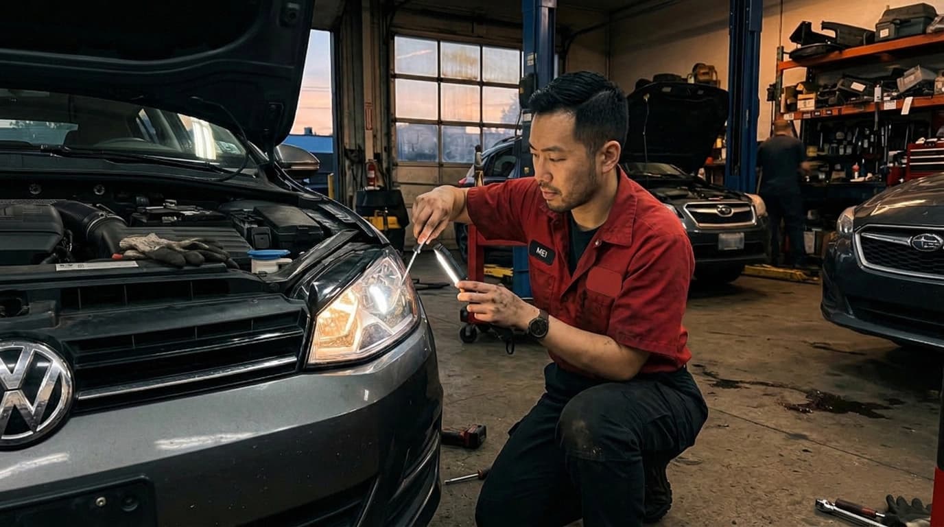 Mechanic repairing a car's headlights