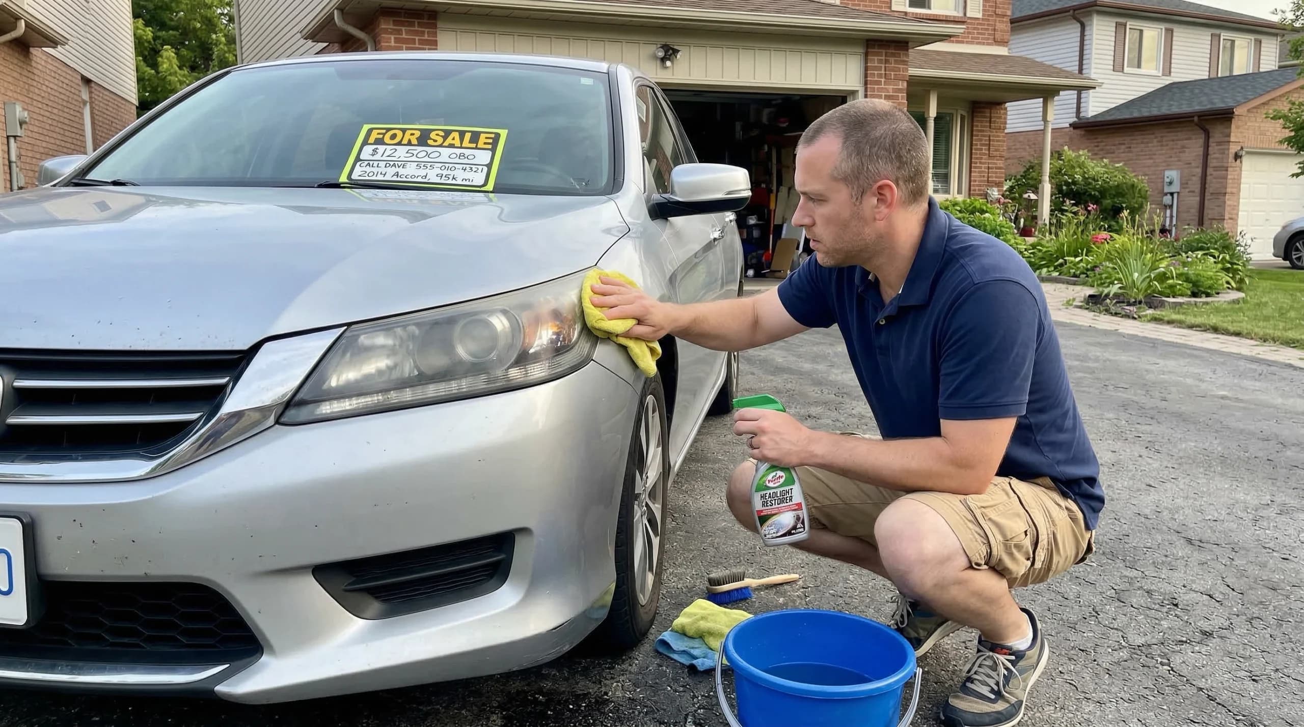Man cleaning a car for sale