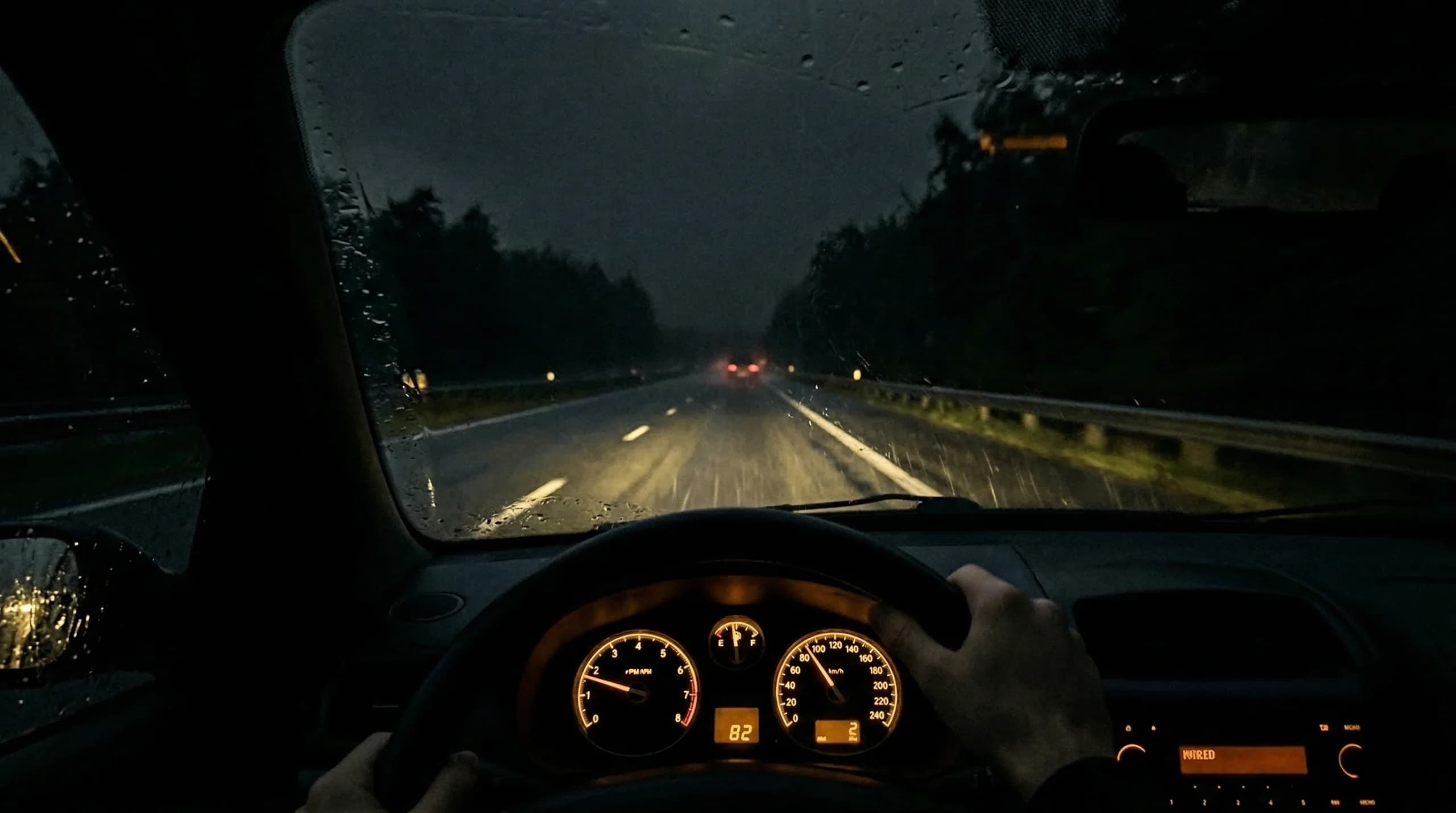 Driving in the rain at night on the highway