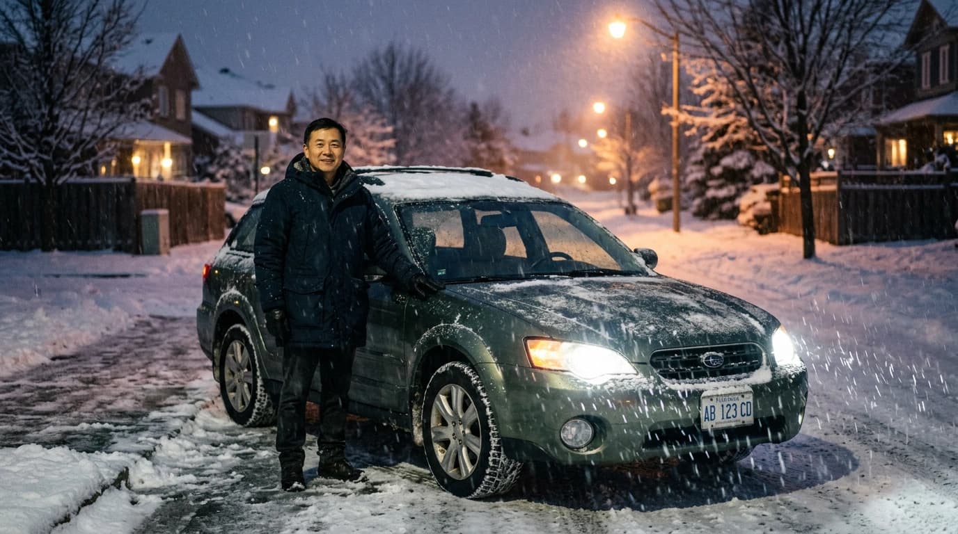Man standing next to a snow-covered car