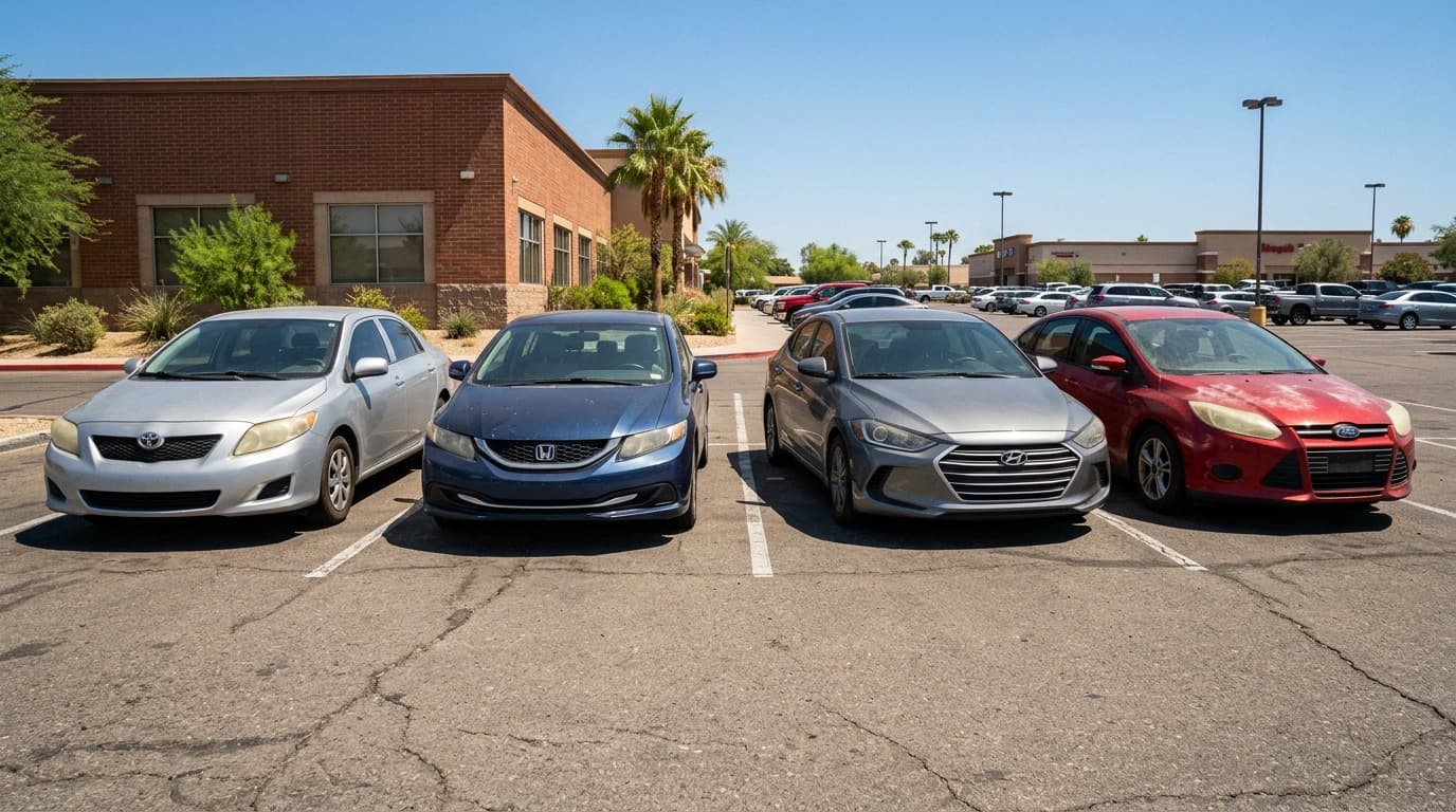 Four cars parked in front of a building