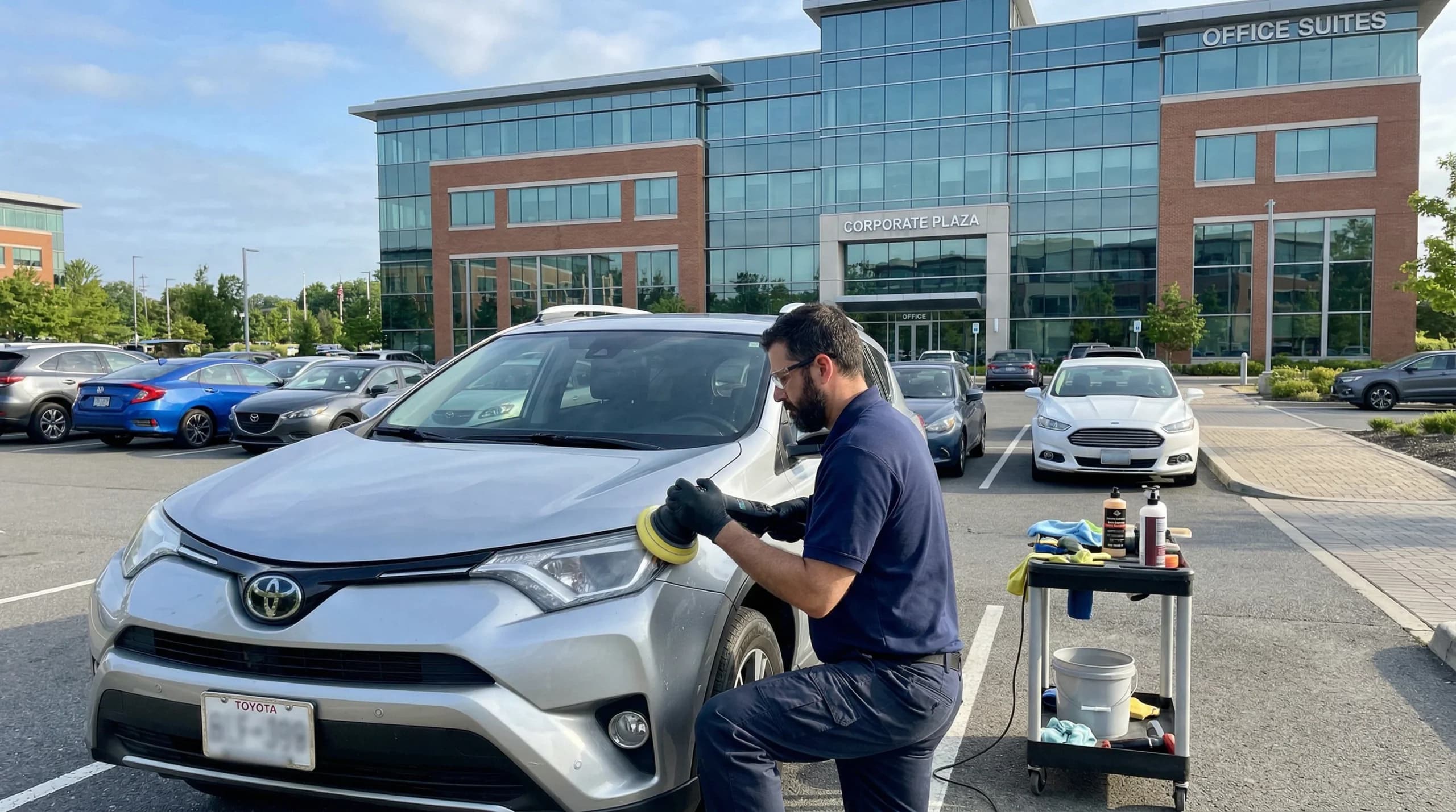 Silver polished car in a parking lot