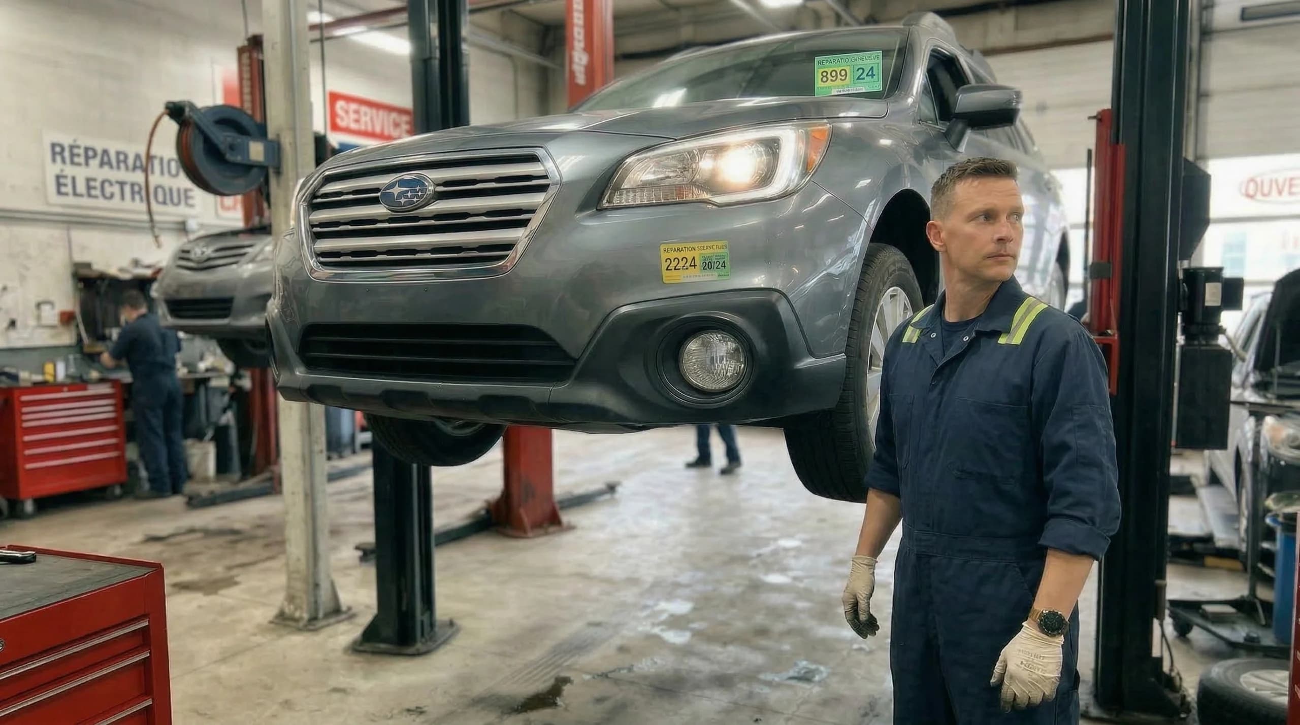 Mechanic and lifted car in a garage
