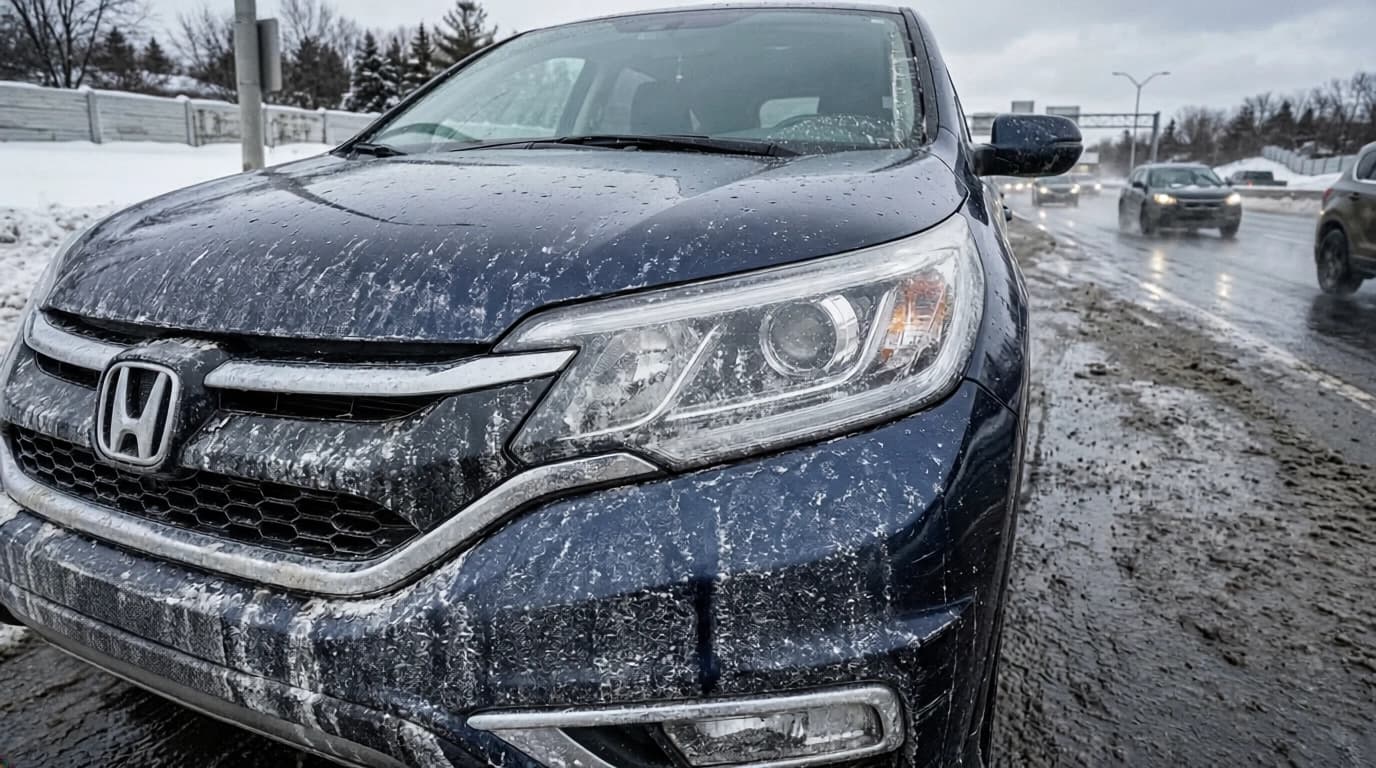 Car driving on snowy and slushy road.