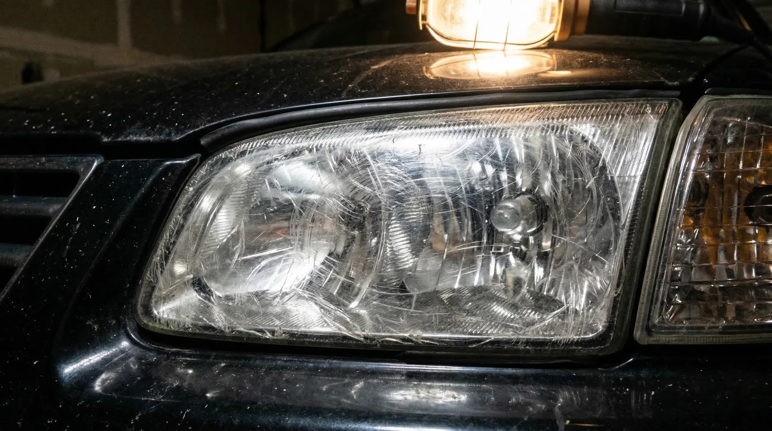 Car headlight with scratches