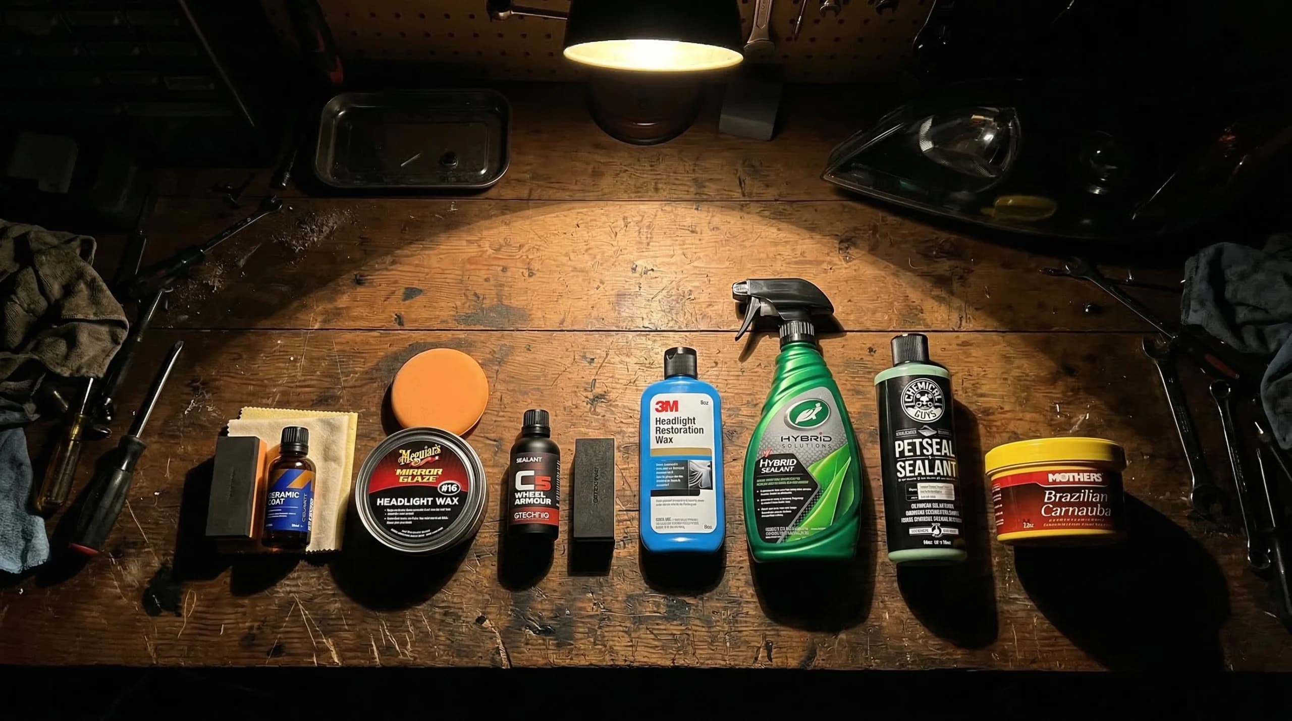 Automotive care products on a wooden workbench