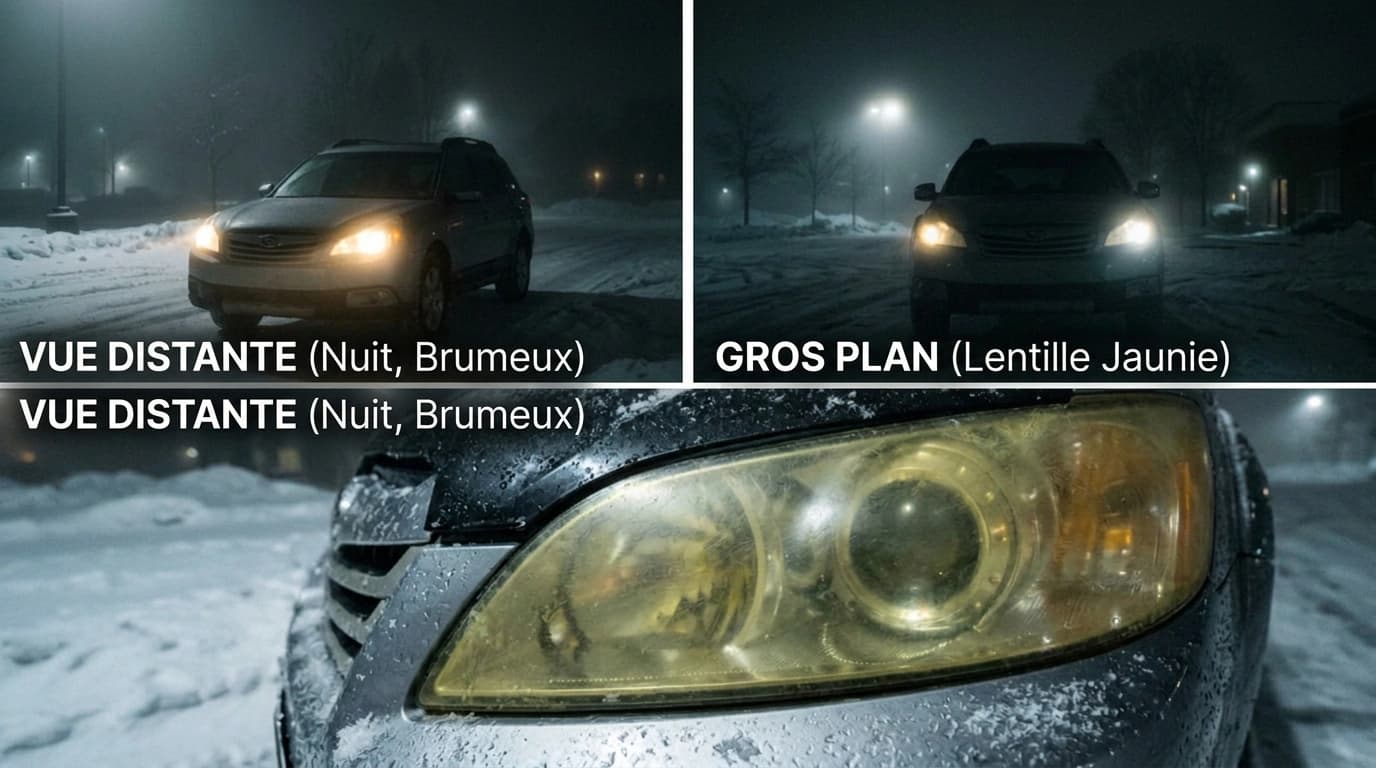 Car at night with headlights on