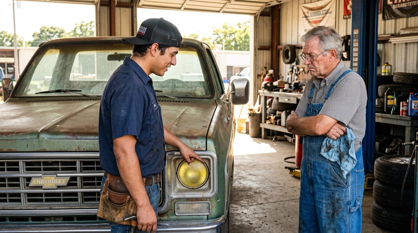 Mechanic discussing with a customer in a garage