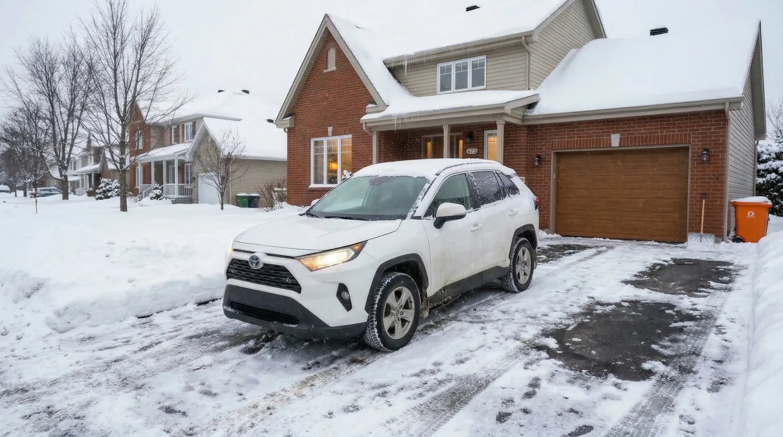 White car parked on a snowy driveway