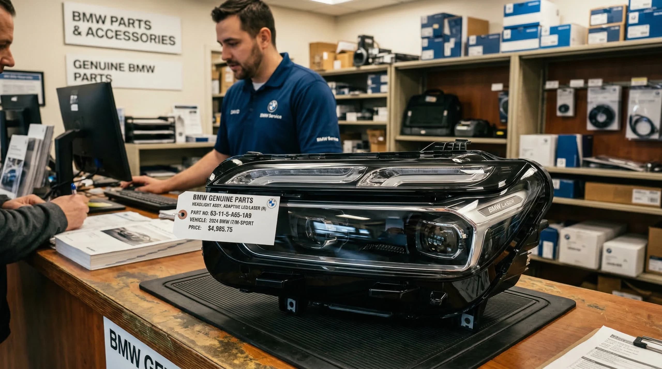 BMW headlight assembly on a counter