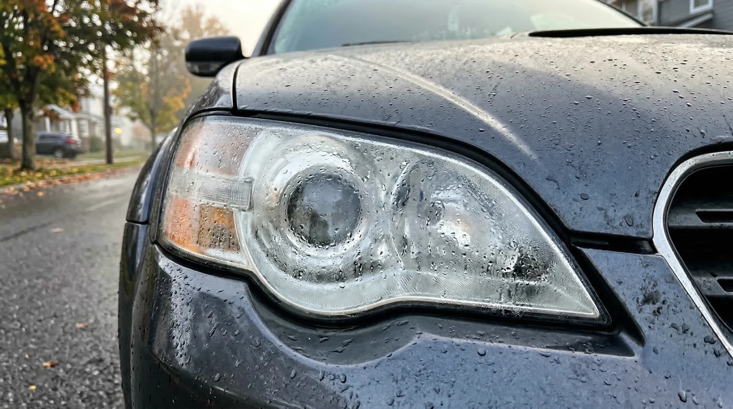 Car headlight with water droplets