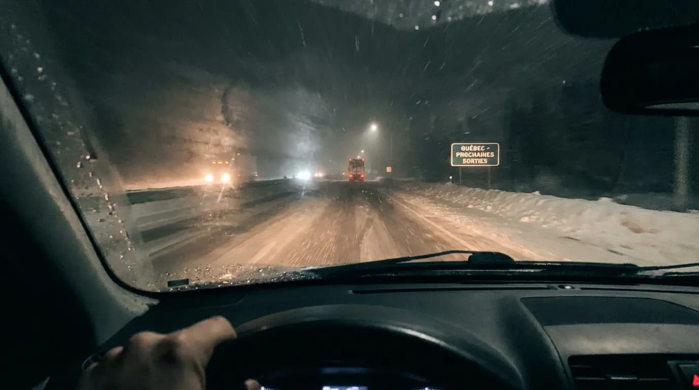 Nighttime driving on a snowy road
