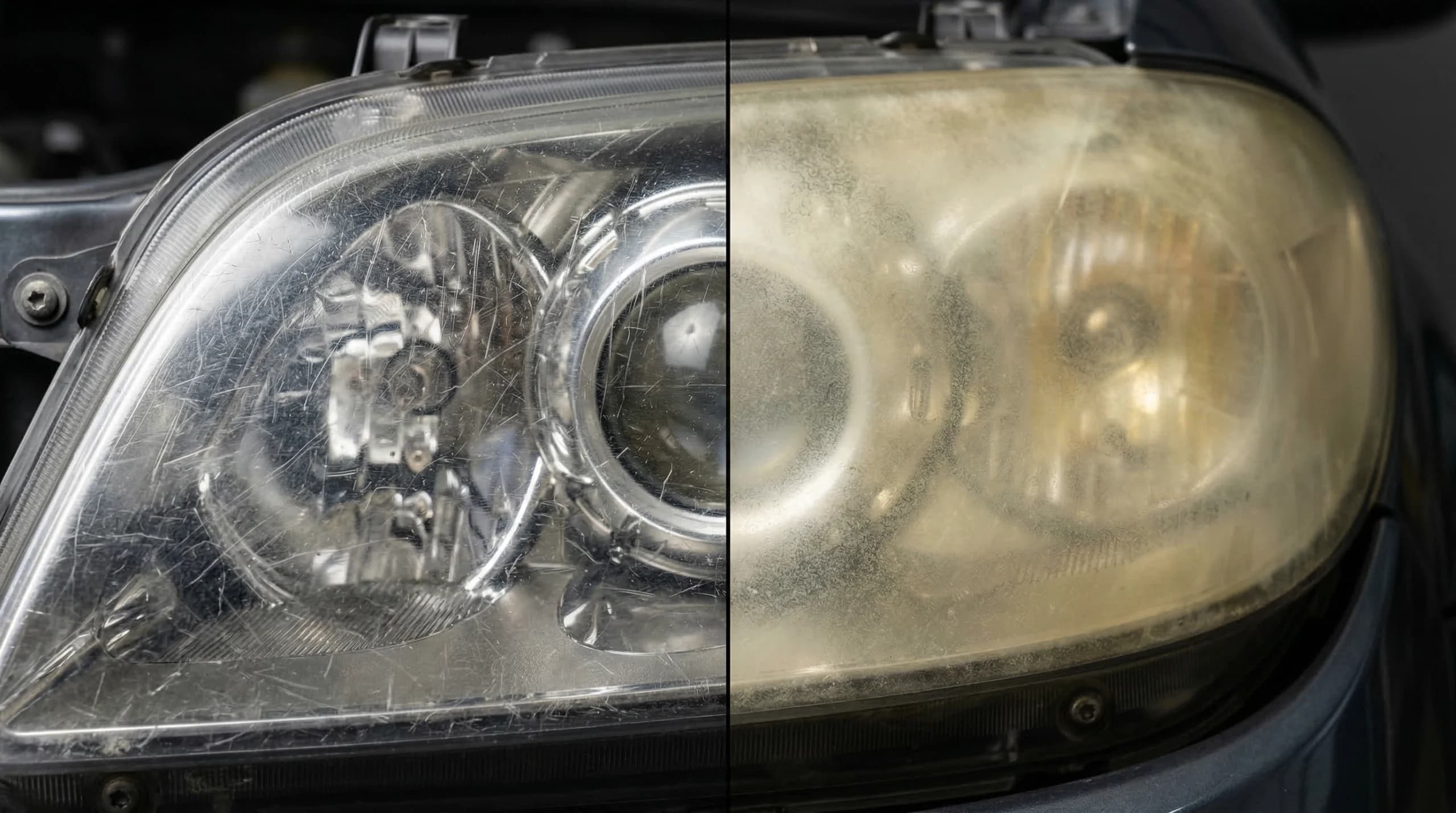 Car headlight before and after restoration