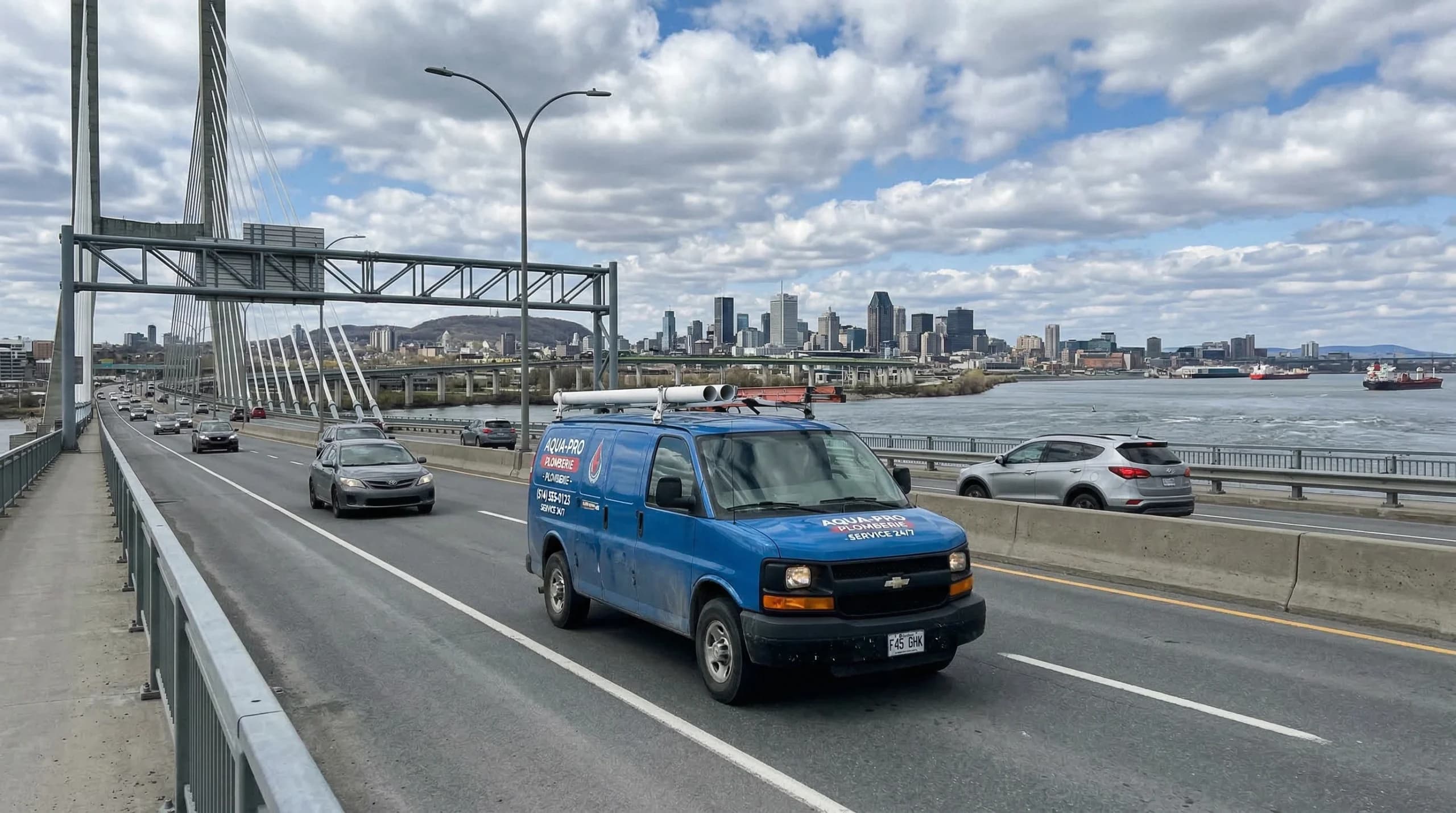 Bridge with city skyline in the background