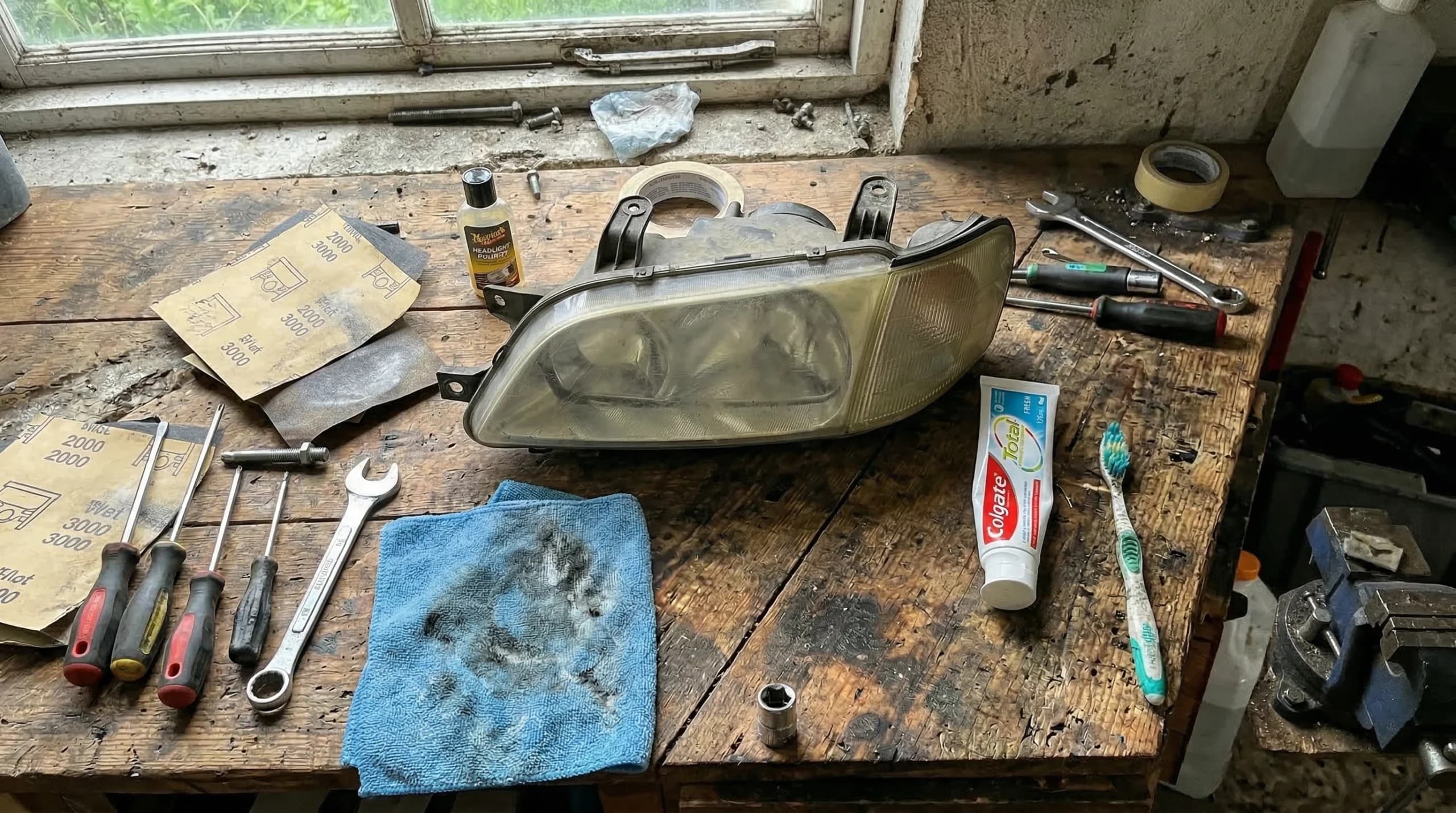 Workbench with headlights and repair tools