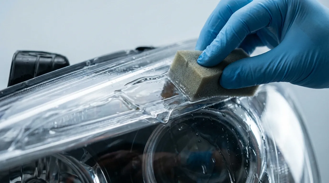 Cleaning a car headlight with a sponge